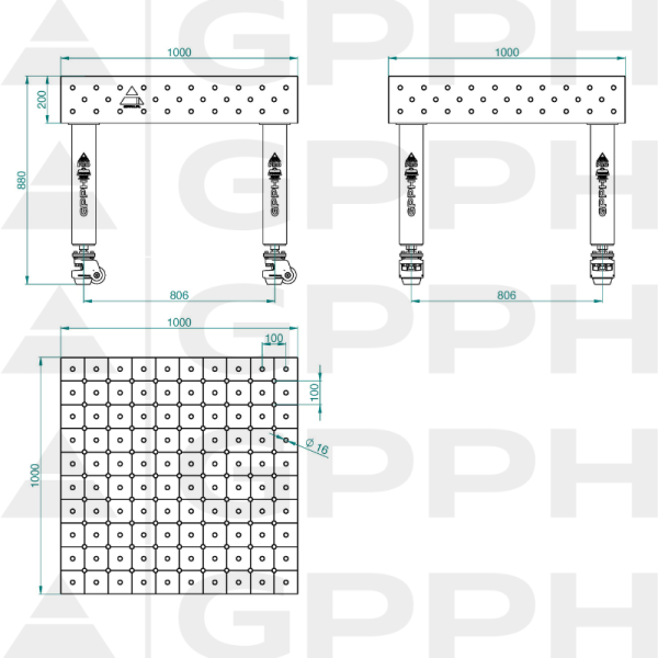 Stół Spawalniczy PRO Rozmiar - 1000x1000mm, Siatka - diagonalna, System - Φ16, Nogi - Na kołach Rysunek techniczny