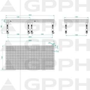 Stół Spawalniczy PRO Rozmiar - 3000x1480mm, Siatka - 50x50mm, System - Φ16, Nogi - Na kołach Rysunek techniczny