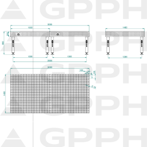 Stół Spawalniczy PRO Rozmiar - 3000x1480mm, Siatka - 50x50mm, System - Φ16, Nogi - Na stopach Rysunek techniczny