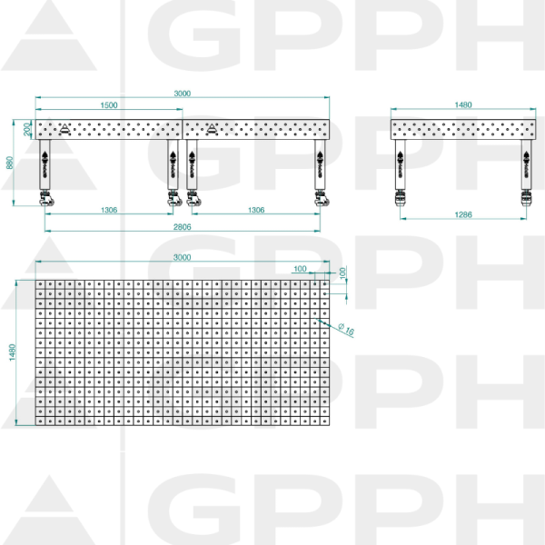 Stół Spawalniczy PRO Rozmiar - 3000x1480mm, Siatka - 100x100mm, System - Φ16, Nogi - Na kołach Rysunek techniczny