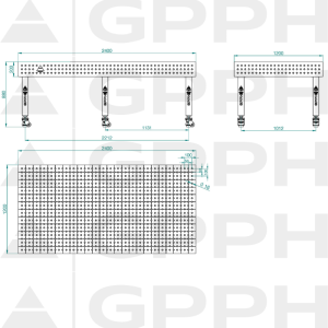 Stół Spawalniczy PLUS INOX Rozmiar - 2400x1200mm, Siatka - 50x50mm, System - Φ16, Nogi - Na kołach - rysunek techniczny