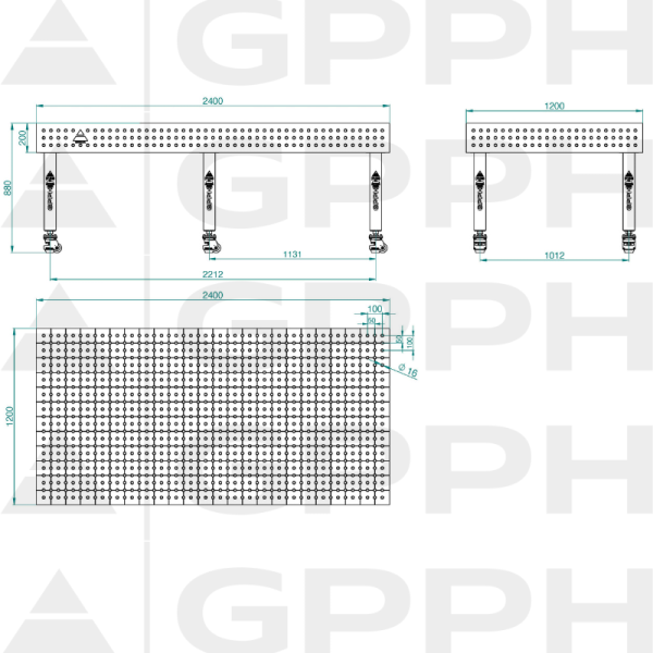 Stół Spawalniczy PLUS INOX Rozmiar - 2400x1200mm, Siatka - 50x50mm, System - Φ16, Nogi - Na kołach - rysunek techniczny