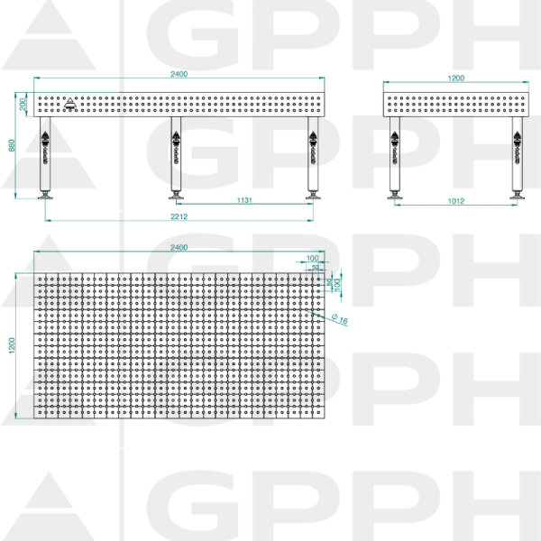 Stół Spawalniczy PLUS INOX Rozmiar - 2400x1200mm, Siatka - 50x50mm, System - Φ16, Nogi - Na stopach - rysunek techniczny