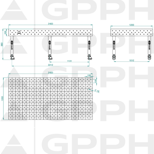 Stół Spawalniczy PLUS INOX Rozmiar - 2400x1200mm, Siatka - 100x100mm, System - Φ16, Nogi - Na kołach - rysunek techniczny
