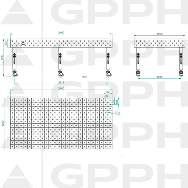 Stół Spawalniczy PLUS INOX Rozmiar - 2400x1200mm, Siatka - DIAGONALNA, System - Φ16, Nogi - Na kołach - rysunek techniczny
