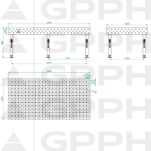 Stół Spawalniczy PLUS INOX Rozmiar - 2400x1200mm, Siatka - DIAGONALNA, System - Φ16, Nogi - Na stopach - rysunek techniczny