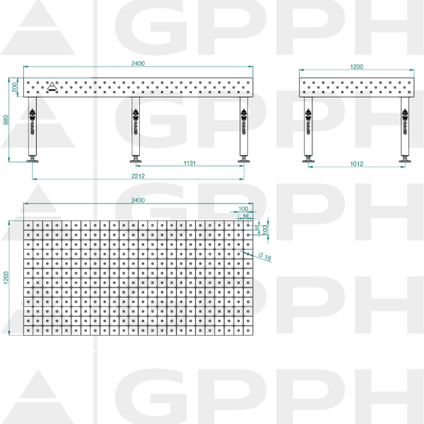 Stół Spawalniczy PLUS INOX Rozmiar - 2400x1200mm, Siatka - DIAGONALNA, System - Φ16, Nogi - Na stopach - rysunek techniczny