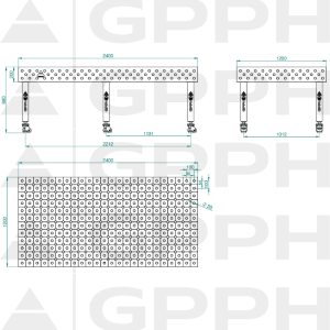 Stół Spawalniczy PLUS INOX Rozmiar - 2400x1200mm, Siatka - DIAGONALNA, System - Φ28, Nogi - Na kołach - rysunek techniczny