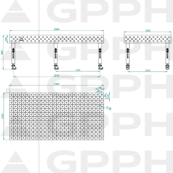 Stół Spawalniczy PLUS INOX Rozmiar - 2400x1200mm, Siatka - DIAGONALNA, System - Φ28, Nogi - Na kołach - rysunek techniczny