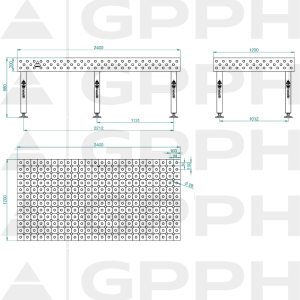 Stół Spawalniczy PLUS INOX Rozmiar - 2400x1200mm, Siatka - DIAGONALNA, System - Φ28, Nogi - Na stopach - rysunek techniczny