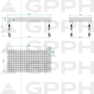Stół Spawalniczy PLUS INOX Rozmiar - 2000x1000mm, Siatka - 50x50mm, System - Φ16, Nogi - Na kołach - rysunek techniczny