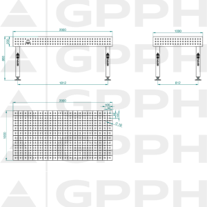 Stół Spawalniczy PLUS INOX Rozmiar - 2000x1000mm, Siatka - 50x50mm, System - Φ16, Nogi - Na stopach - rysunek techniczny