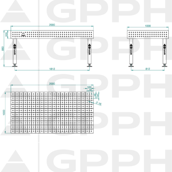 Stół Spawalniczy PLUS INOX Rozmiar - 2000x1000mm, Siatka - 50x50mm, System - Φ16, Nogi - Na stopach - rysunek techniczny