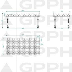 Stół Spawalniczy PLUS INOX Rozmiar - 2000x1000mm, Siatka - 100x100mm, System - Φ16, Nogi - Na kołach - rysunek techniczny