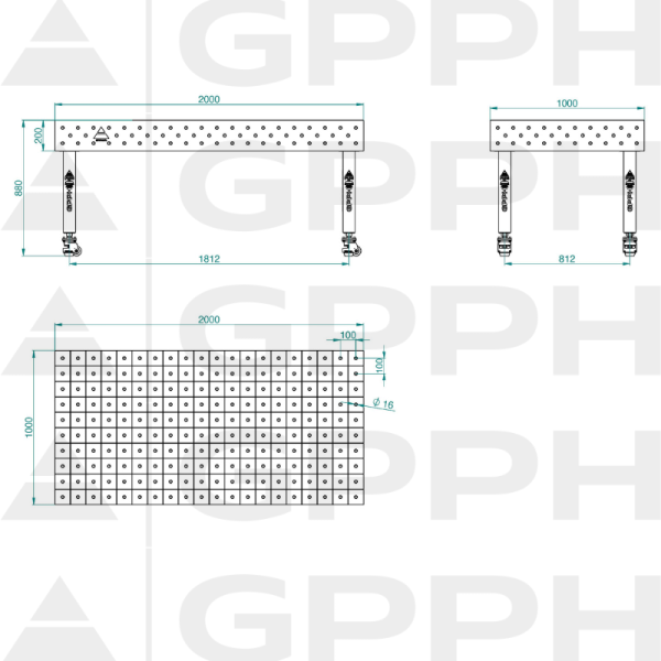 Stół Spawalniczy PLUS INOX Rozmiar - 2000x1000mm, Siatka - 100x100mm, System - Φ16, Nogi - Na kołach - rysunek techniczny