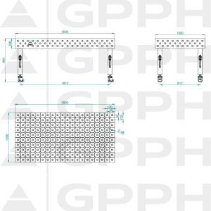 Stół Spawalniczy PLUS INOX Rozmiar - 2000x1000mm, Siatka - DIAGONALNA, System - Φ28, Nogi - Na kołach - rysunek techniczny
