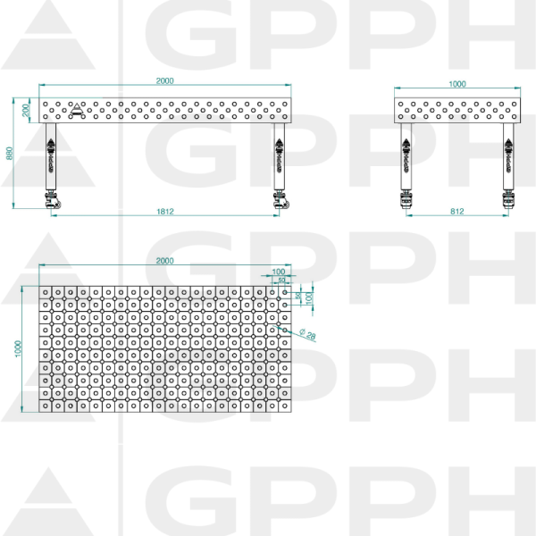 Stół Spawalniczy PLUS INOX Rozmiar - 2000x1000mm, Siatka - DIAGONALNA, System - Φ28, Nogi - Na kołach - rysunek techniczny