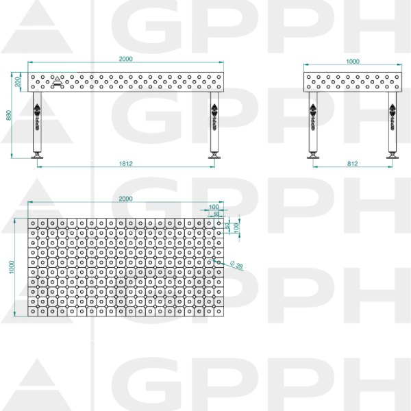 Stół Spawalniczy PLUS INOX Rozmiar - 2000x1000mm, Siatka - DIAGONALNA, System - Φ28, Nogi - Na stopach - rysunek techniczny