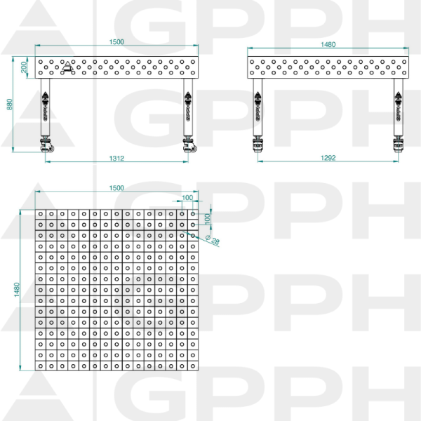 Stół Spawalniczy PLUS INOX Rozmiar - 1500x1480mm, Siatka - 100x100mm, System - Φ28, Nogi - Na kołach - rysunek techniczny