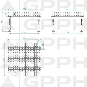 Stół Spawalniczy PLUS INOX Rozmiar - 1500x1480mm, Siatka - 100x100mm, System - Φ28, Nogi - Na stopach - rysunek techniczny
