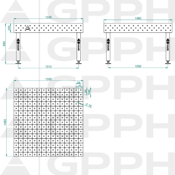 Stół Spawalniczy PLUS INOX Rozmiar - 1500x1480mm, Siatka - DIAGONALNA, System - Φ16, Nogi - Na stopach - rysunek techniczny