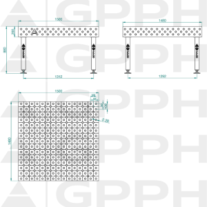 Stół Spawalniczy PLUS INOX Rozmiar - 1500x1480mm, Siatka - DIAGONALNA, System - Φ28, Nogi - Na stopach - rysunek techniczny