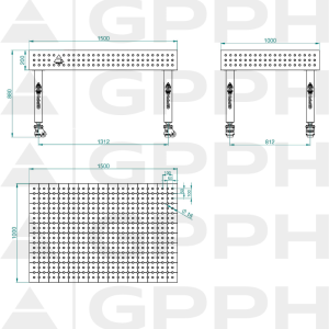 Stół Spawalniczy PLUS INOX Rozmiar - 1500x1000mm, Siatka - 50x50mm, System - Φ16, Nogi - Na kołach - rysunek techniczny