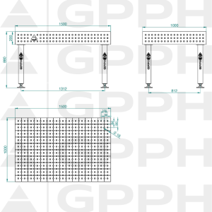 Stół Spawalniczy PLUS INOX Rozmiar - 1500x1000mm, Siatka - 50x50mm, System - Φ16, Nogi - Na stopach - rysunek techniczny