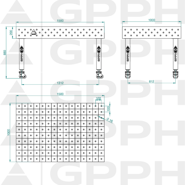Stół Spawalniczy PLUS INOX Rozmiar - 1500x1000mm, Siatka - 100x100mm, System - Φ16, Nogi - Na kołach - rysunek techniczny
