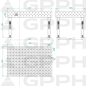 Stół Spawalniczy PLUS INOX Rozmiar - 1500x1000mm, Siatka - 100x100mm, System - Φ16, Nogi - Na stopach - rysunek techniczny