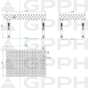 Stół Spawalniczy PLUS INOX Rozmiar - 1500x1000mm, Siatka - 100x100mm, System - Φ28, Nogi - Na stopach - rysunek techniczny