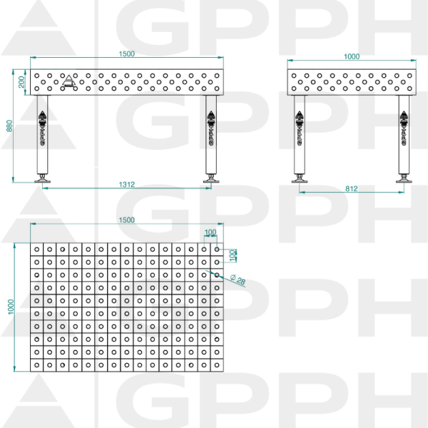 Stół Spawalniczy PLUS INOX Rozmiar - 1500x1000mm, Siatka - 100x100mm, System - Φ28, Nogi - Na stopach - rysunek techniczny