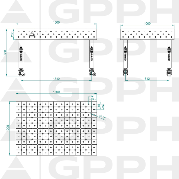 Stół Spawalniczy PLUS INOX Rozmiar - 1500x1000mm, Siatka - DIAGONALNA, System - Φ16, Nogi - Na kołach - rysunek techniczny