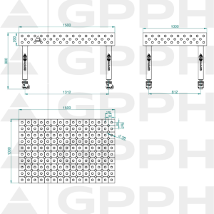 Stół Spawalniczy PLUS INOX Rozmiar - 1500x1000mm, Siatka - DIAGONALNA, System - Φ28, Nogi - Na kołach - rysunek techniczny