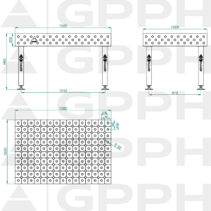 Stół Spawalniczy PLUS INOX Rozmiar - 1500x1000mm, Siatka - DIAGONALNA, System - Φ28, Nogi - Na stopach - rysunek techniczny