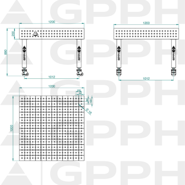 Stół Spawalniczy PLUS INOX Rozmiar - 1200x1200mm, Siatka - 50x50mm, System - Φ16, Nogi - Na kołach - rysunek techniczny