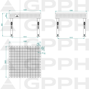 Stół Spawalniczy PLUS INOX Rozmiar - 1200x1200mm, Siatka - 50x50mm, System - Φ16, Nogi - Na stopach - rysunek techniczny
