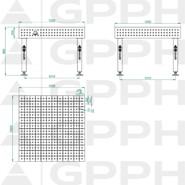 Stół Spawalniczy PLUS INOX Rozmiar - 1200x1200mm, Siatka - 50x50mm, System - Φ16, Nogi - Na stopach - rysunek techniczny