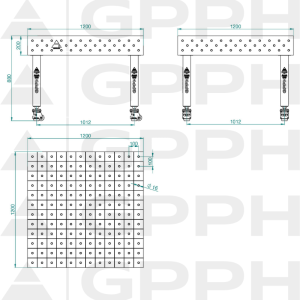 Stół Spawalniczy PLUS INOX Rozmiar - 1200x1200mm, Siatka - 100x100mm, System - Φ16, Nogi - Na kołach - rysunek techniczny