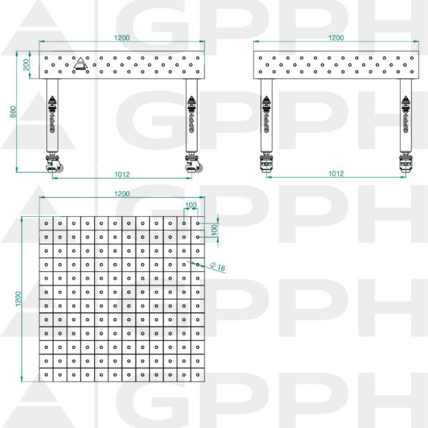 Stół Spawalniczy PLUS INOX Rozmiar - 1200x1200mm, Siatka - 100x100mm, System - Φ16, Nogi - Na kołach - rysunek techniczny
