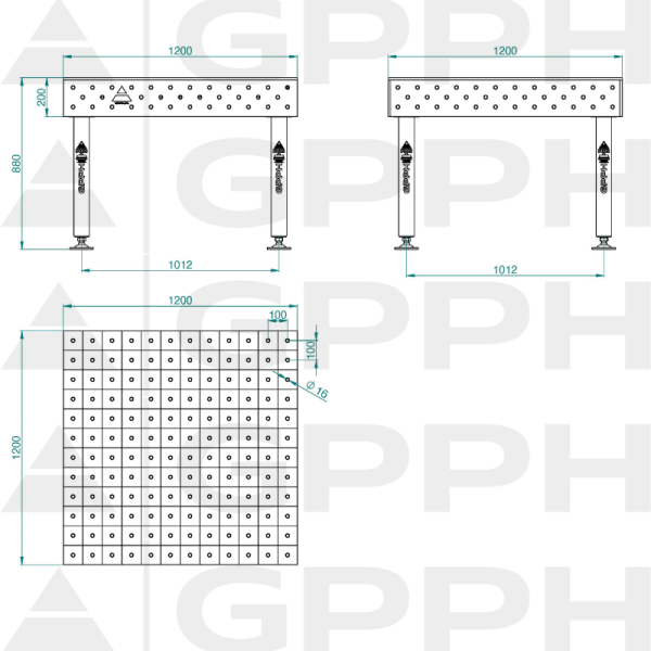Stół Spawalniczy PLUS INOX Rozmiar - 1200x1200mm, Siatka - 100x100mm, System - Φ16, Nogi - Na stopach - rysunek techniczny
