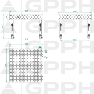Stół Spawalniczy PLUS INOX Rozmiar - 1200x1200mm, Siatka - 100x100mm, System - Φ28, Nogi - Na kołach - rysunek techniczny