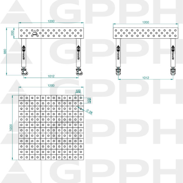 Stół Spawalniczy PLUS INOX Rozmiar - 1200x1200mm, Siatka - 100x100mm, System - Φ28, Nogi - Na kołach - rysunek techniczny