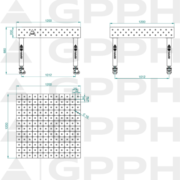 Stół Spawalniczy PLUS INOX Rozmiar - 1200x1200mm, Siatka - DIAGONALNA, System - Φ16, Nogi - Na kołach - rysunek techniczny