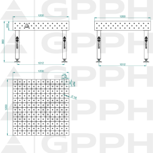 Stół Spawalniczy PLUS INOX Rozmiar - 1200x1200mm, Siatka - DIAGONALNA, System - Φ16, Nogi - Na stopach - rysunek techniczny