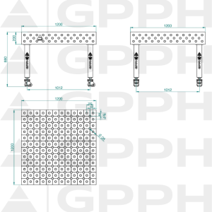 Stół Spawalniczy PLUS INOX Rozmiar - 1200x1200mm, Siatka - DIAGONALNA, System - Φ28, Nogi - Na kołach - rysunek techniczny