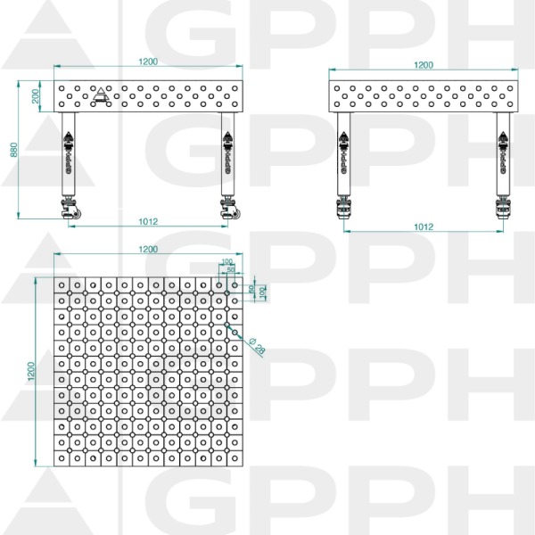Stół Spawalniczy PLUS INOX Rozmiar - 1200x1200mm, Siatka - DIAGONALNA, System - Φ28, Nogi - Na kołach - rysunek techniczny
