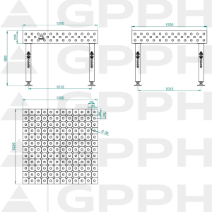 Stół Spawalniczy PLUS INOX Rozmiar - 1200x1200mm, Siatka - DIAGONALNA, System - Φ28, Nogi - Na stopach - rysunek techniczny