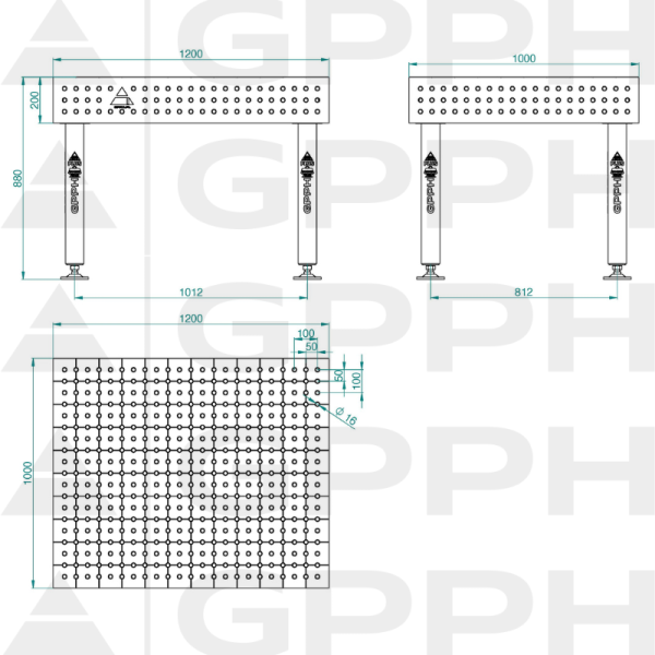 Stół Spawalniczy PLUS INOX Rozmiar - 1200x1000mm, Siatka - 50x50mm, System - Φ16, Nogi - Na stopach - rysunek techniczny