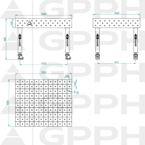 Stół Spawalniczy PLUS INOX Rozmiar - 1200x1000mm, Siatka - 100x100mm, System - Φ16, Nogi - Na kołach - rysunek techniczny